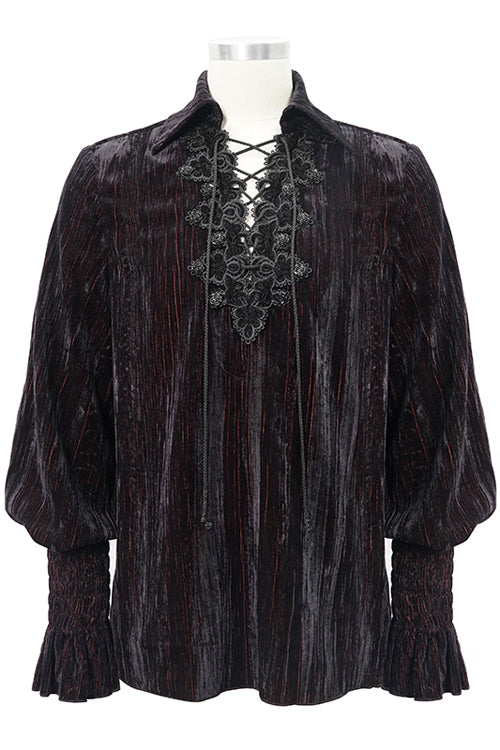 Black And Red Velvet Lantern Sleeves Loose Mens Gothic Blouse - Product - 4