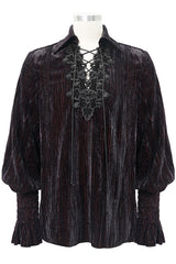 Black And Red Velvet Lantern Sleeves Loose Mens Gothic Blouse - Product - 4