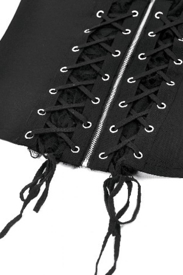 Black Women's Punk Eyelet Lace-Up Ripped Front Zippered Tank Top - Product - 13