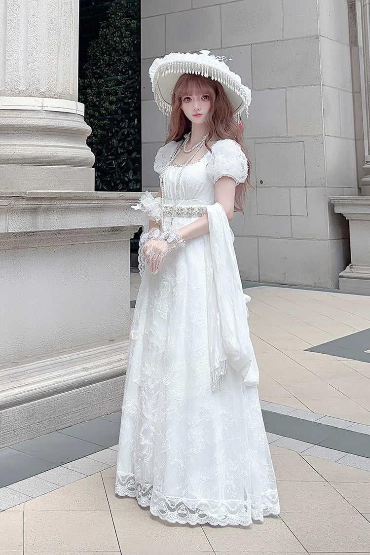 White Square Collar Short Sleeves Jacquard Wedding Style Lace Pearl Detail Vintage Elegant Luxurious Lolita Dress - Product - 7