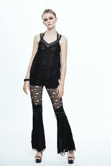 Black Halter Lace Up Shoulder Nailed Leather Loops Womens Punk T-shirt - Product - 5