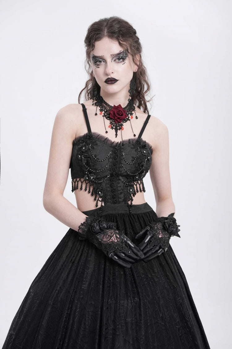 Black Jacquard Floral Embroidery Lace Ripped Women's Gothic Party Slip Dress - Product - 7