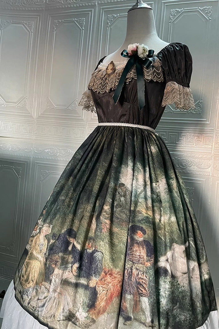 Green Short Sleeves Forest Dance Print Ruffle Sweet Elegant Lolita Dress - Product - 6