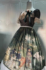 Green Short Sleeves Forest Dance Print Ruffle Sweet Elegant Lolita Dress - Product - 6
