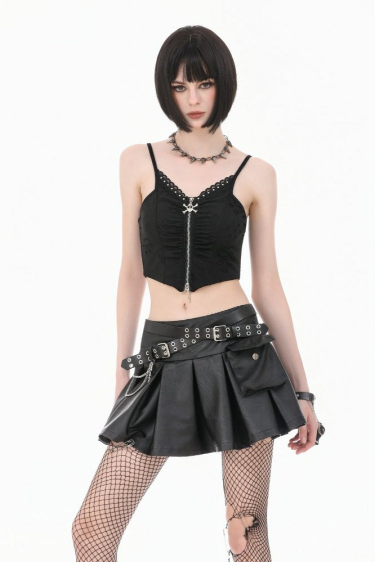 Black Ripped Studded Skull Zippered Ruched Women's Punk Bustier - Black - 1