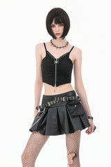 Black Ripped Studded Skull Zippered Ruched Women's Punk Bustier - Black - 1