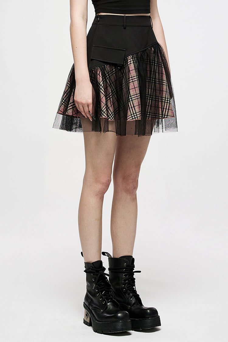 Pink/Black Cotton Splicing Mesh Sweet Plaid Personalized Pocket Decoration Waist Punk Women's Short Skirt - Product - 2