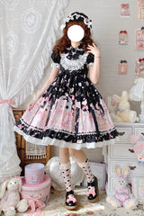 Black/Pink Cute Cat Print High Waisted Ruffle Bowknot Sweet Princess Lolita JSK Dress - Product - 7