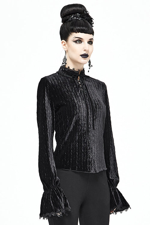 Black Pleated Velvet Trumpet Sleeves Womens Gothic Blouse - Product - 2