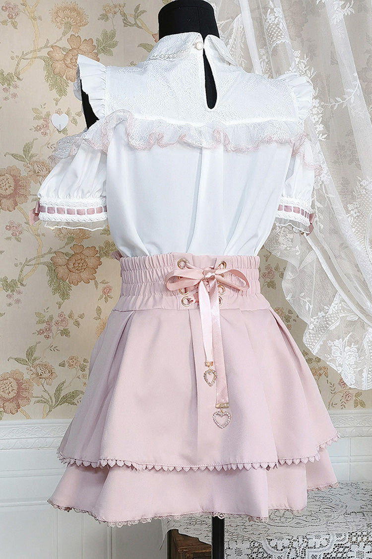 White/Pink Lapel Collar Short Sleeves Double-Layered Ruffle Bowknot Sweet Jirai Kei Set - Product - 3