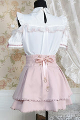 White/Pink Lapel Collar Short Sleeves Double-Layered Ruffle Bowknot Sweet Jirai Kei Set - Product - 3