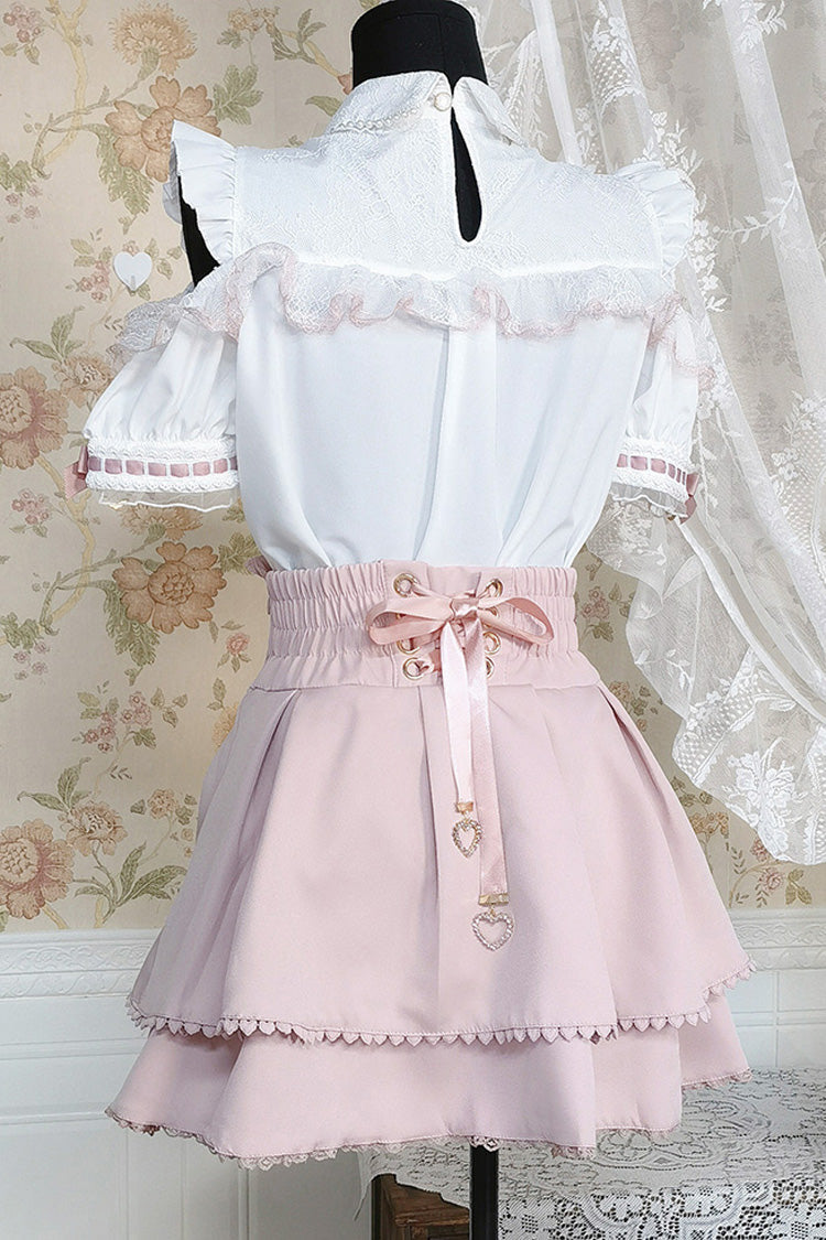White/Pink Lapel Collar Short Sleeves Double-Layered Ruffle Bowknot Sweet Jirai Kei Set - Product - 3