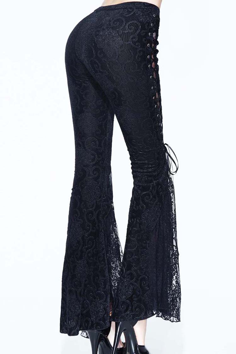 Black Palace Pattern Lace-Up Velveteen Lace Flared Women's Gothic Pants - Product - 10
