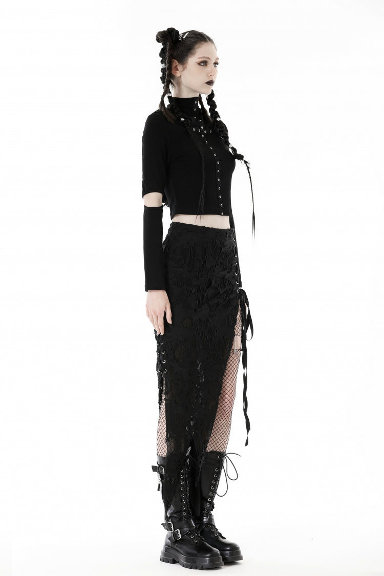 Black Lace-Up Ripped Women's Punk Split Long Skirt - Product - 2
