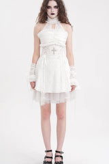 White Cross Halterneck Sleeveless Ruffle Lace Women's Gothic Dress - Product - 2