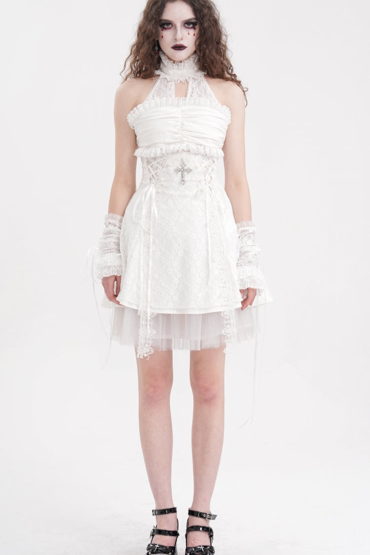 White Cross Halterneck Sleeveless Ruffle Lace Women's Gothic Dress - Product - 2