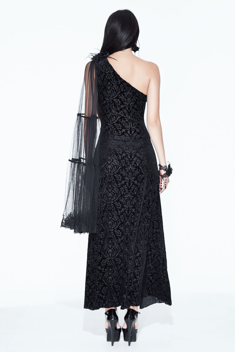 Black One Shoulder Mesh Shawl Feather Lace Decoration Velvet Long Women's Gothic Dress - Product - 5