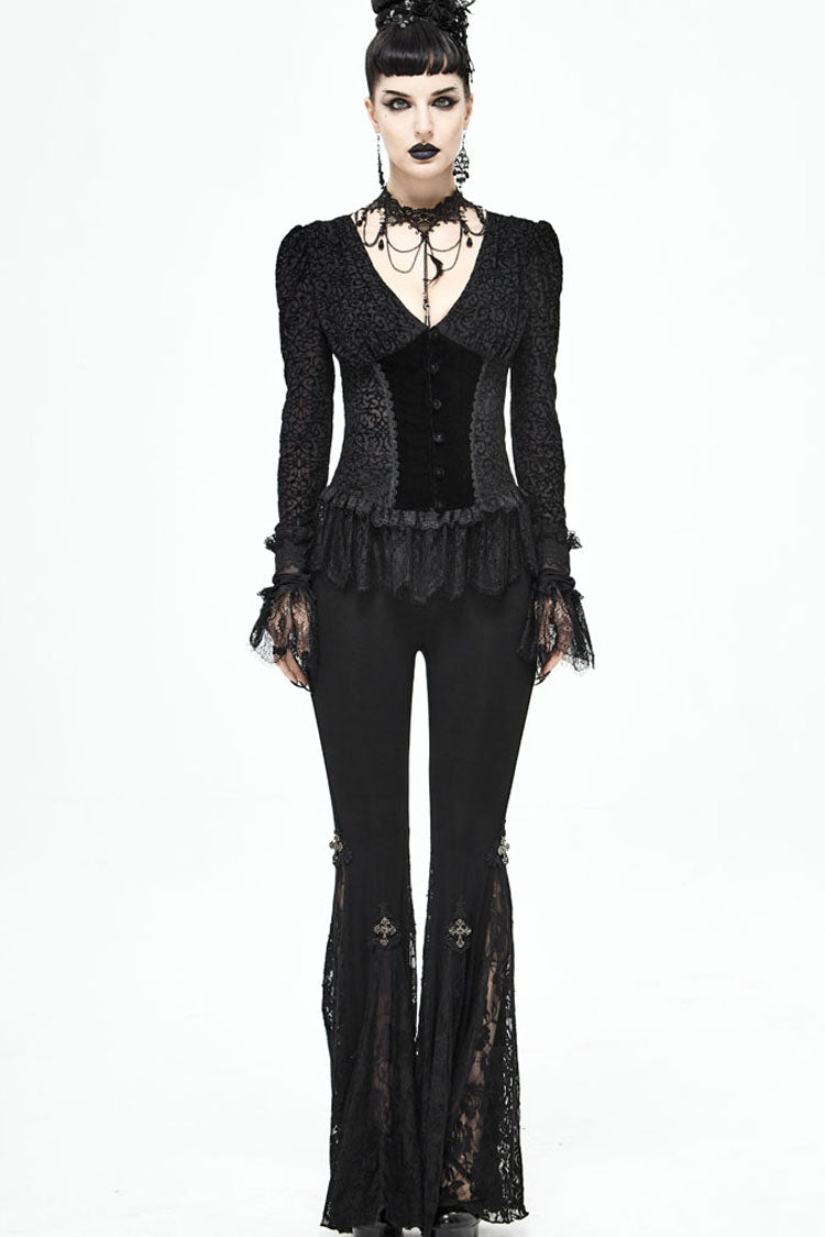 lack Gothic Flocking V-Neck Front Splice Velvet Long Sleeve Lace Hem Women's Blouse - Product - 7