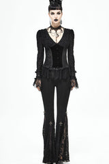 lack Gothic Flocking V-Neck Front Splice Velvet Long Sleeve Lace Hem Women's Blouse - Product - 7