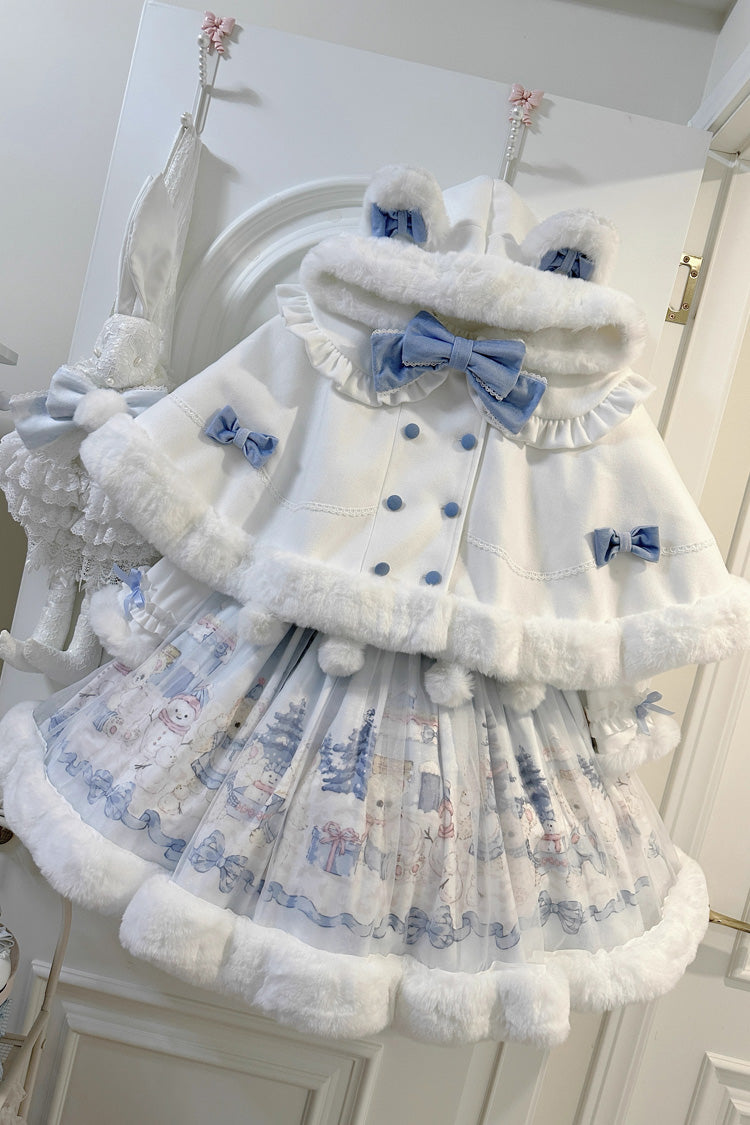 White [Winter Fluffy Bea] Sleeveless Print Bowknot Sweet Lolita Jsk Dress - Product - 3