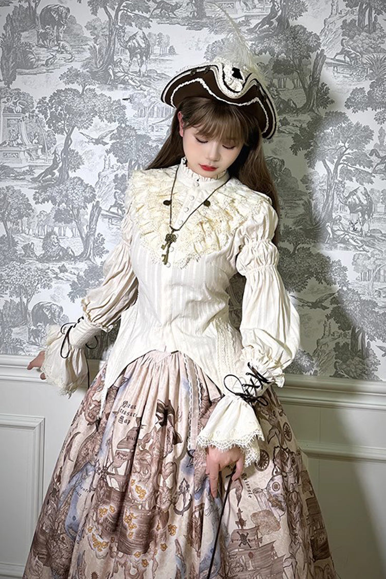 Pirate Series Navigation Treasure Hunting Guide Stand Collar Embroidery Lolita Blouse 3 Colors - Beige - 8