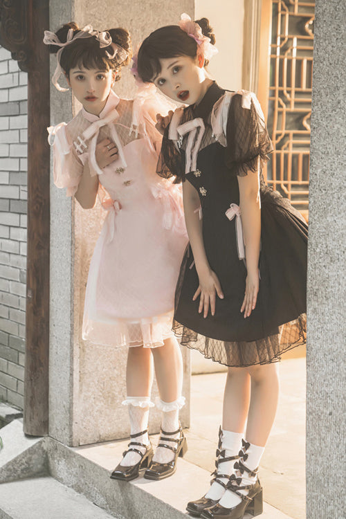 Chinese Style Stand Collar Lace Puff Short Sleeve Delicate Sweet Lolita Dress - Product - 4