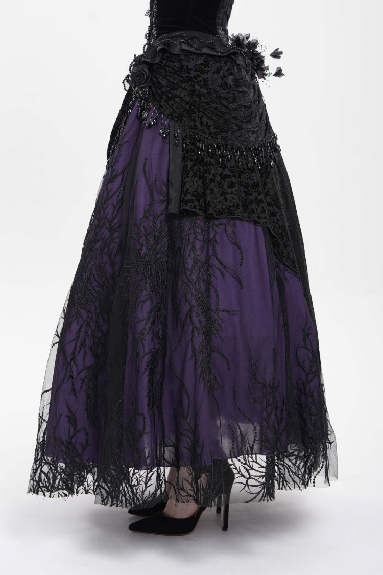 Black/Purple Floral Embroidered Beaded Women's Gothic Long Skirt - Product - 4