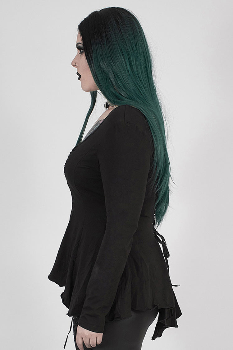 Black Big Round Collar Front Chest Decals Long Sleeve Back Waist Lace-Up Frill Hem Plus Size Women's Gothic T-Shirt - Product - 2