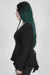 Black Big Round Collar Front Chest Decals Long Sleeve Back Waist Lace-Up Frill Hem Plus Size Women's Gothic T-Shirt - Product - 2