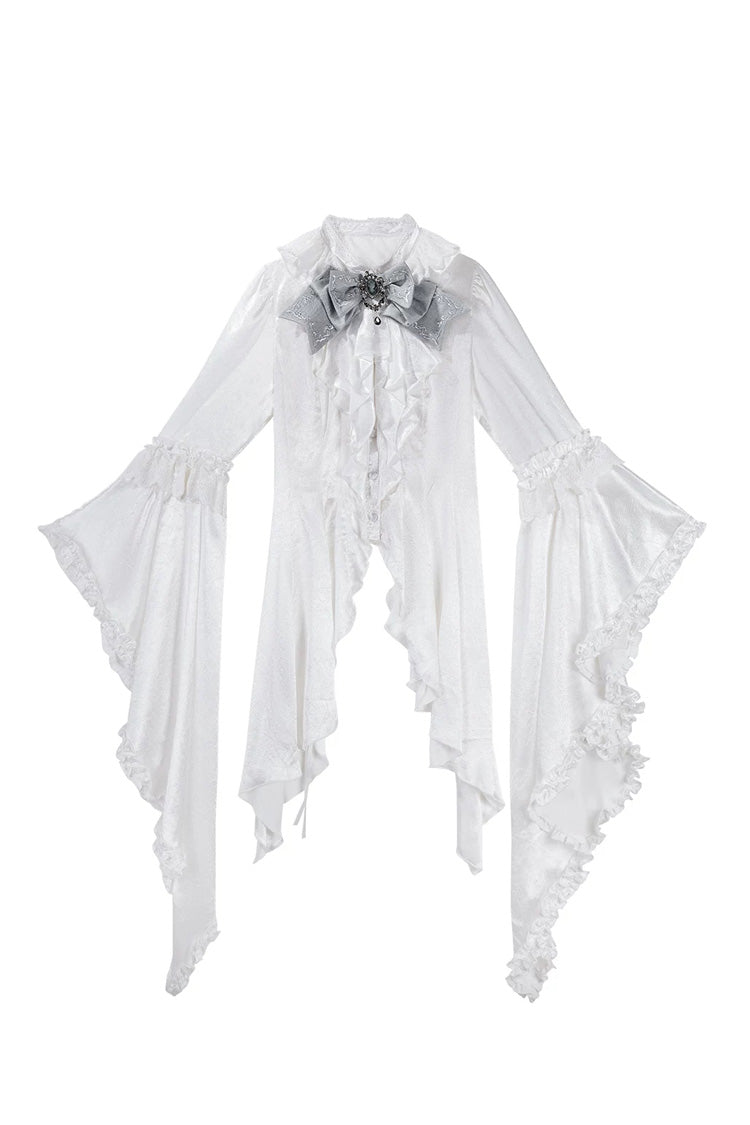 White/Silver [The Silver Key] Long Sleeves Ruffled Embroidered Open-Front Bow Gothic Lolita Skirt Set - Top(Only) - 8