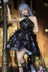 Blue [Deep Sea Jellyfish] Halterneck Sleeveless Print Embroidery Bowknot Lace Sweet Elegant Lolita Jsk Dress - Blue - 1