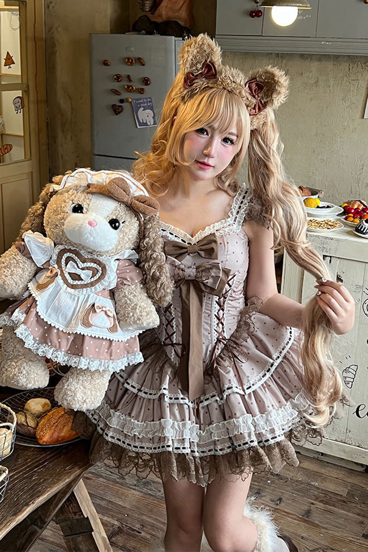 Brown [Coco Ballet] Sleeveless Double-Layered Bow Lace Lace-Up Sweet Princess Ballet Lolita Jsk Dress - Product - 3