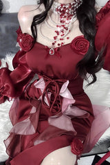 Red Rose Long Sleeves Bowknot Classic Elegant Lolita Strapless Dress - Product - 5