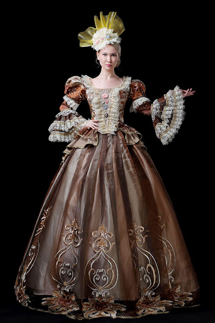 Coffee Multi-Layer Trumpet Sleeves High Waisted Three Dimensional Flower Embroidery Print Victorian Lolita Prom Dress - Product - 3