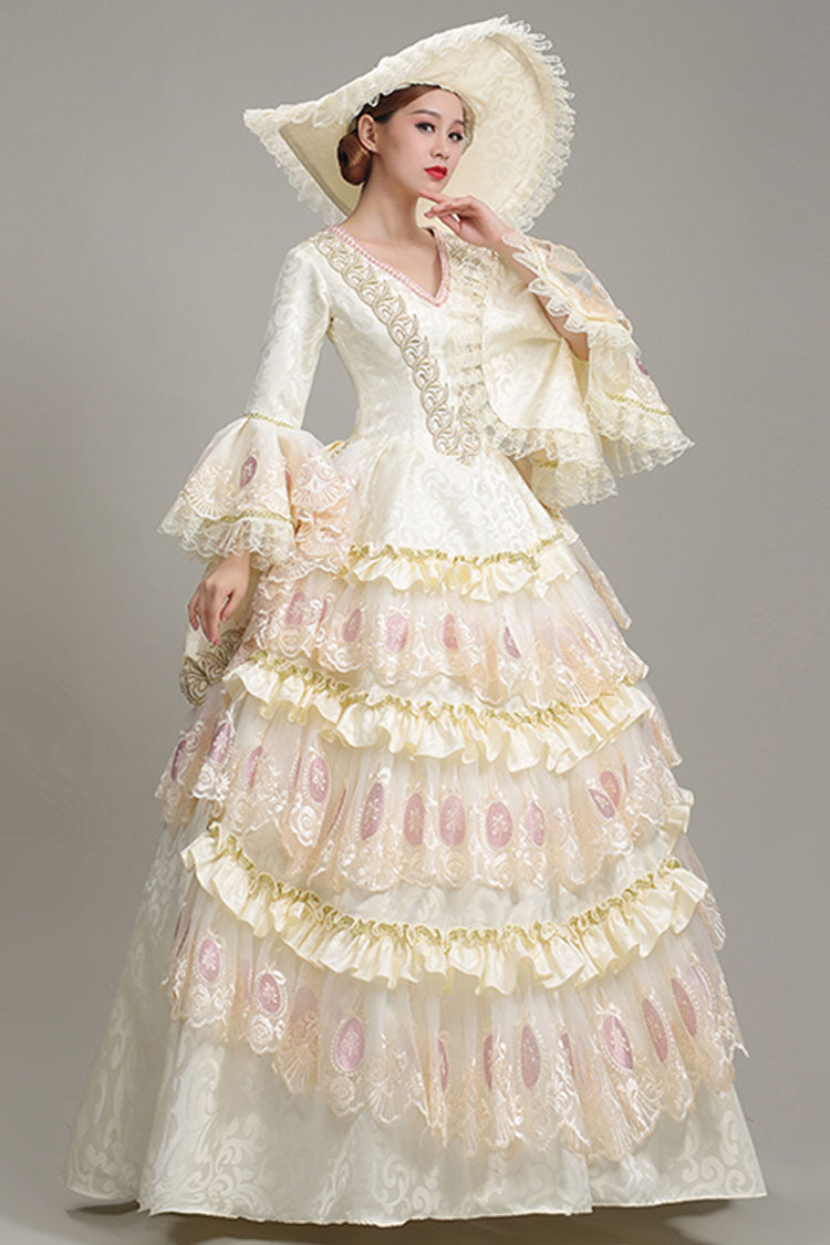 Beige Hime Sleeves High Waisted Lace Stitching Hollow Floral Print Ruffled Multi-Layer Victorian Lolita Prom Tiered Dress - Product - 2