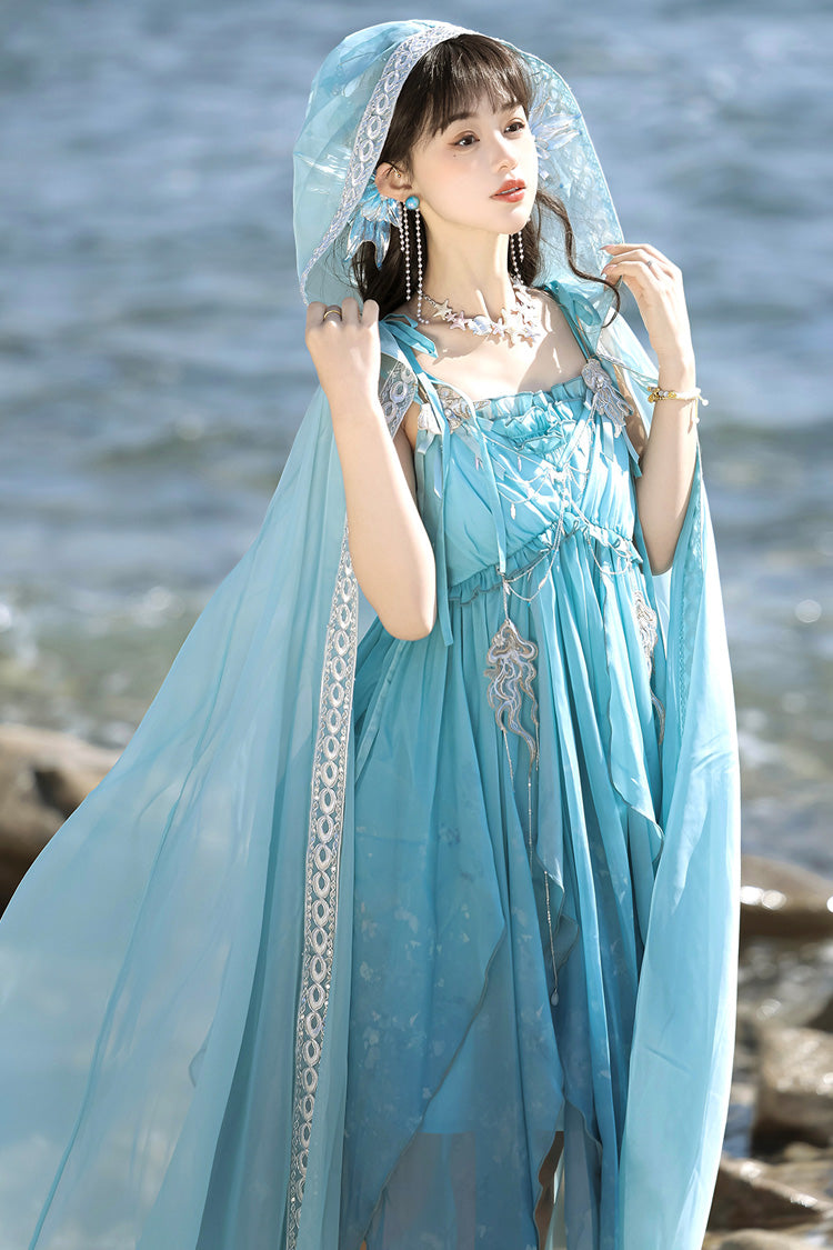 Blue [Ocean Sprite] Gradient Print Irregular Hooded Sweet Lolita Jsk Dress Cloak Set - Product - 4
