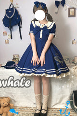 Little Sea Whale Navy Sailor Short Sleeves Sweet Lolita OP Dress 3 Colors - Product - 9