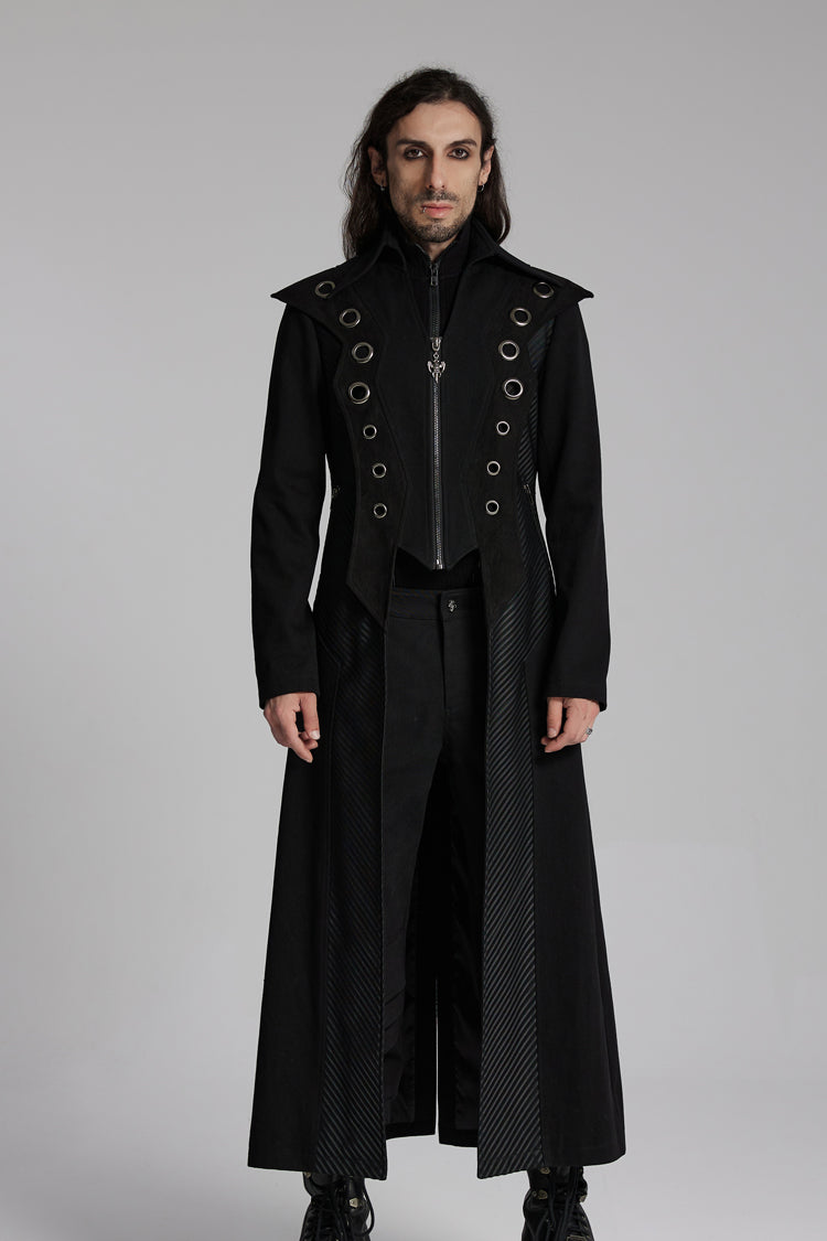 Black Metal Ring Zipper Long Sleeves Men's Punk Long Jacket - Black - 1