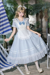 Blue [Seven Day Bell] Navy Collar Short Sleeves Printed Ruffled Bow Sweet Lolita Dress 2 Versions - Product - 17