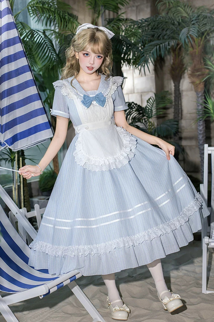 Blue [Seven Day Bell] Navy Collar Short Sleeves Printed Ruffled Bow Sweet Lolita Dress 2 Versions - Product - 17