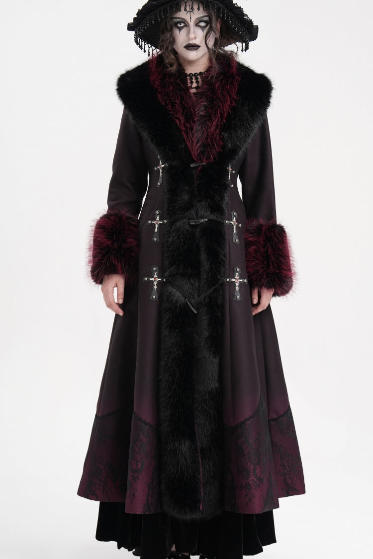Black/Red Cross Long Sleeves Lace Women's Gothic Long Coat - Product - 2