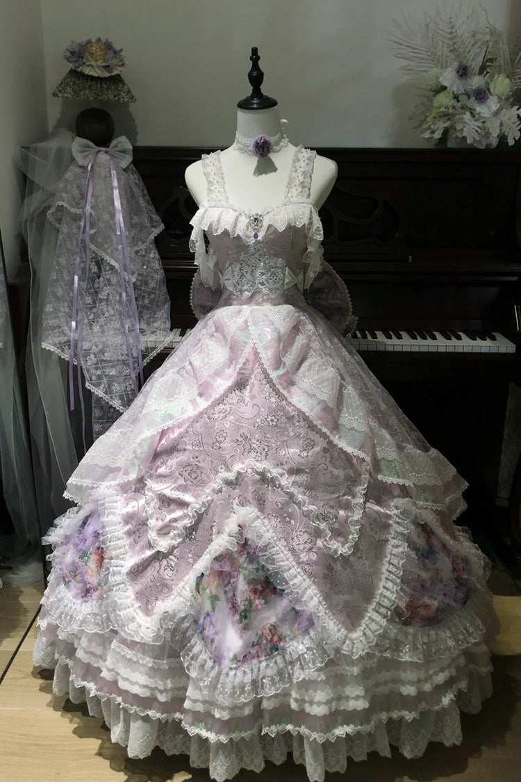 [The Glass Ball of Misty Isle] Multi-Layered Ruffled Hanayome Embroidered Sweet Plus Size Lolita Dress Set 5 Colors (White, Yellow, Purple, Green, Pink) - Purple(Set) - 10