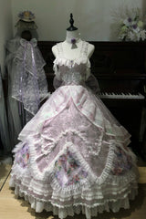 [The Glass Ball of Misty Isle] Multi-Layered Ruffled Hanayome Embroidered Sweet Plus Size Lolita Dress Set 5 Colors (White, Yellow, Purple, Green, Pink) - Purple(Set) - 10