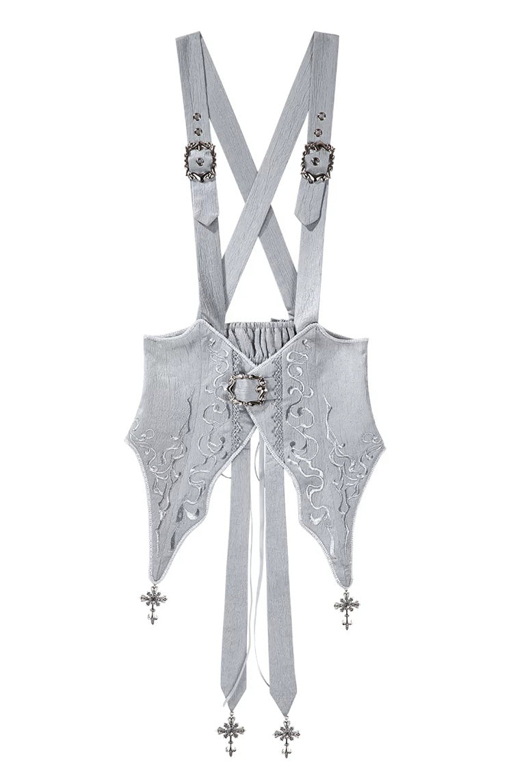 White/Silver [The Silver Key] Long Sleeves Ruffled Embroidered Open-Front Bow Gothic Lolita Skirt Set - Waist-Corset(Only) - 10