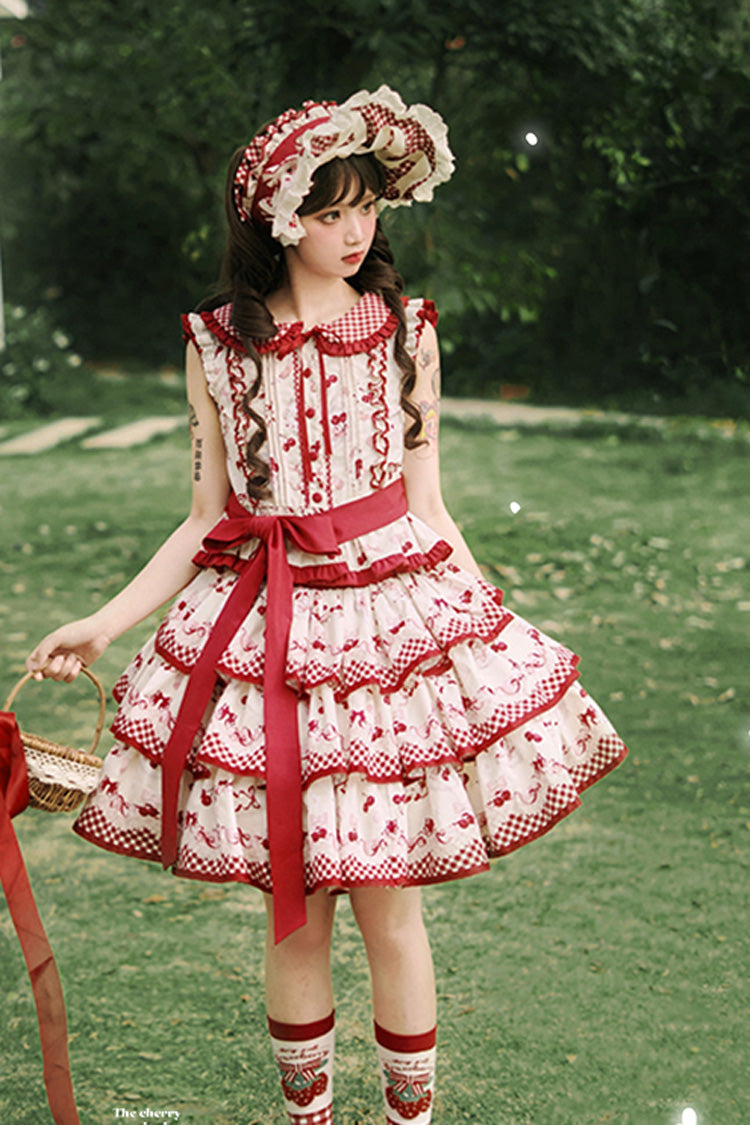 Red Triple-Layered [Cherries Are Ripe] Print Ruffle Sweet Lolita Skirt Set - Product - 5