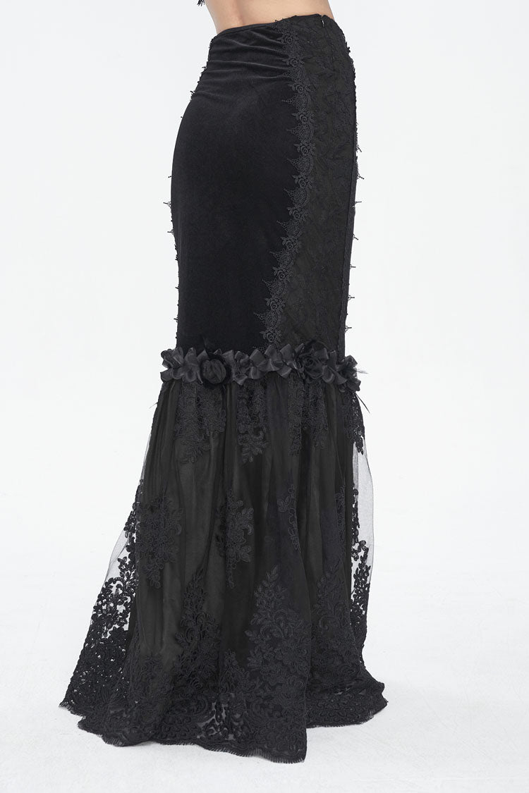 Black High Waisted Embroidery Stitching Lace Women's Gothic Skirt - Product - 2
