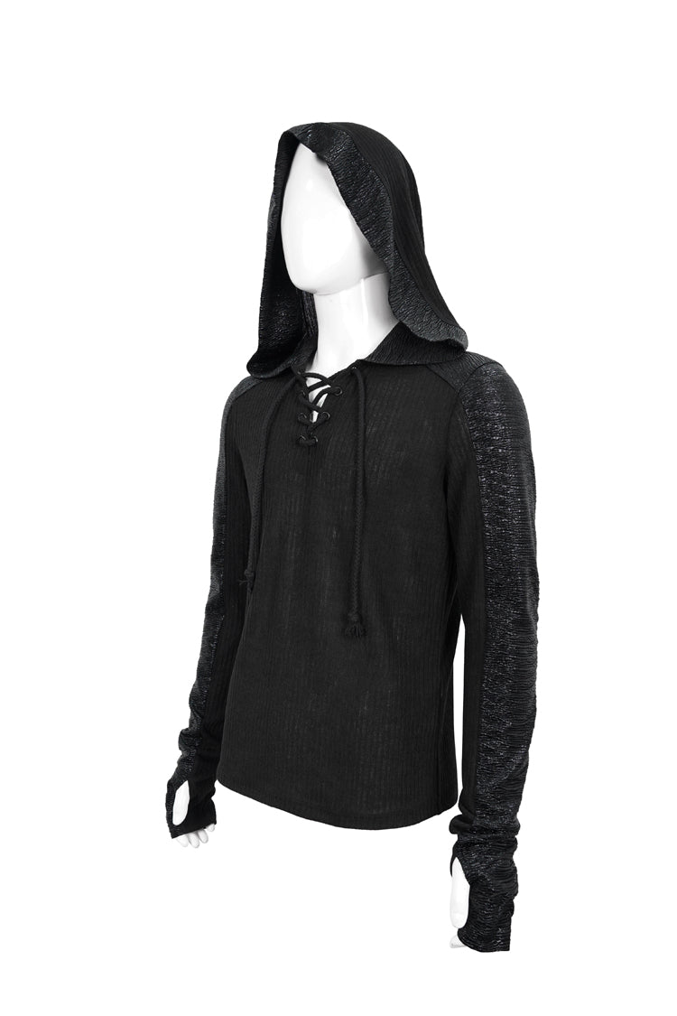 Black Trendy Dark Tether V-Neck Panel Knit Hooded Men's Punk T-Shirt - Product - 8