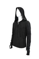 Black Trendy Dark Tether V-Neck Panel Knit Hooded Men's Punk T-Shirt - Product - 8