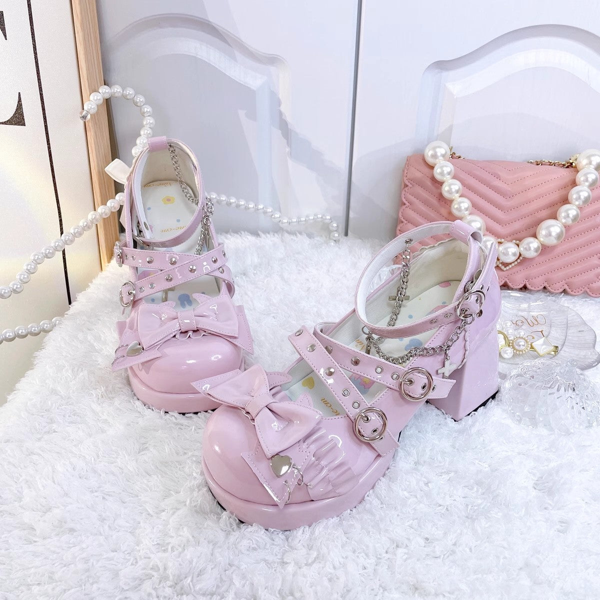Gothic Cross Straps Bowknot Lolita High Heels 4 Colors - Pink - 4