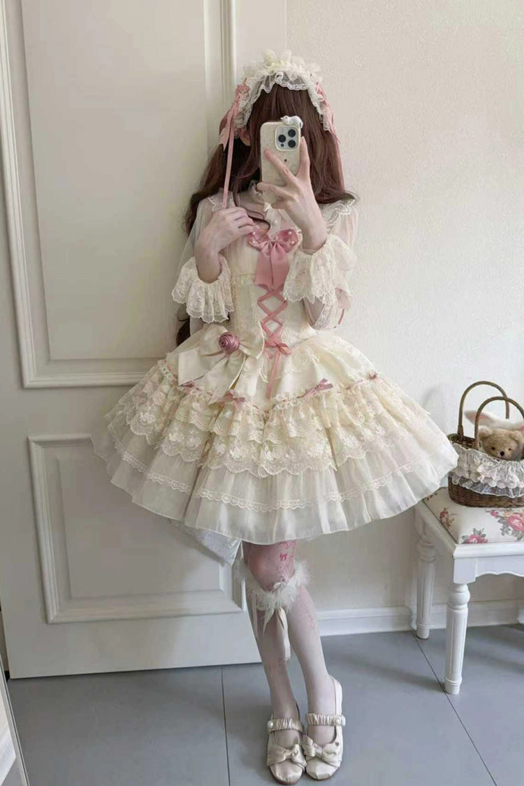 Apricot [Rose Canticle] Sleeveless Multi-Layered Bowknot Lace Lace-Up Pearl Ballet Sweet Lolita Jsk Dress - Product - 2